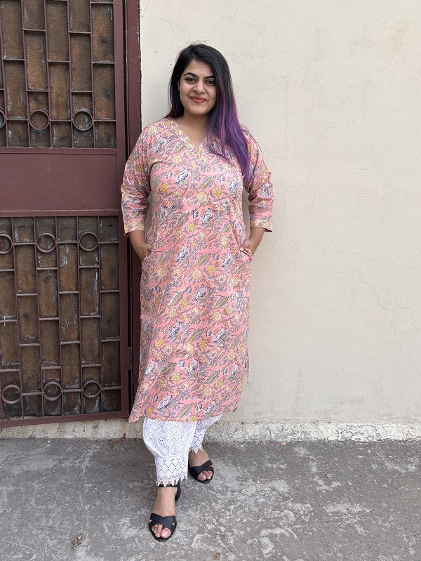 Peach Floral Hand Block Printed Kurta with V Neck