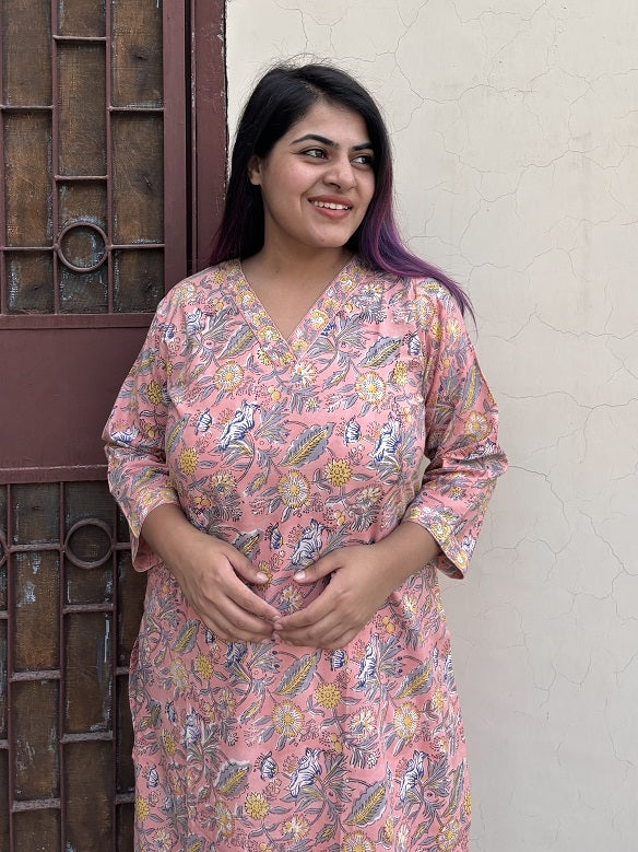 Peach Floral Hand Block Printed Kurta with V Neck