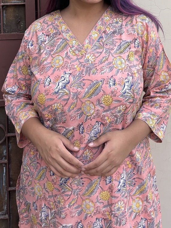 Peach Floral Hand Block Printed Kurta with V Neck