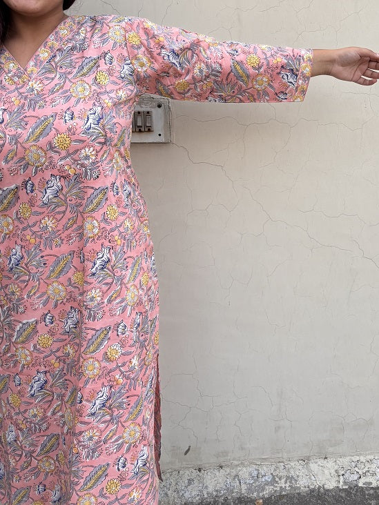 Peach Floral Hand Block Printed Kurta with V Neck