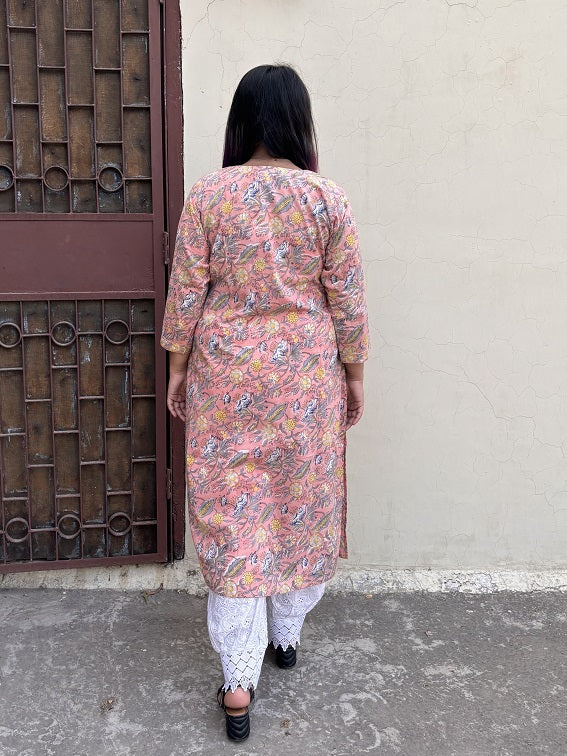 Peach Floral Hand Block Printed Kurta with V Neck