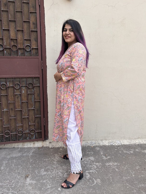 Peach Floral Hand Block Printed Kurta with V Neck