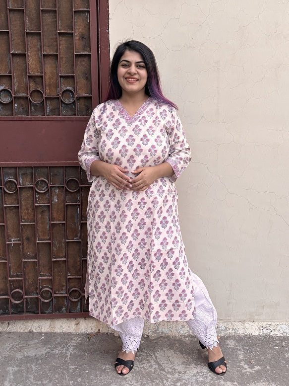 Cosmos Hand Block Printed Kurta with V Neck
