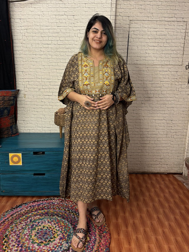 Kashish Yellow Ajrakh Hand Embroidered Patch Kaftan