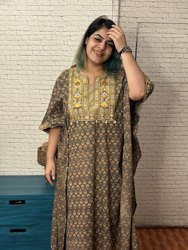 Kashish Yellow Ajrakh Hand Embroidered Patch Kaftan