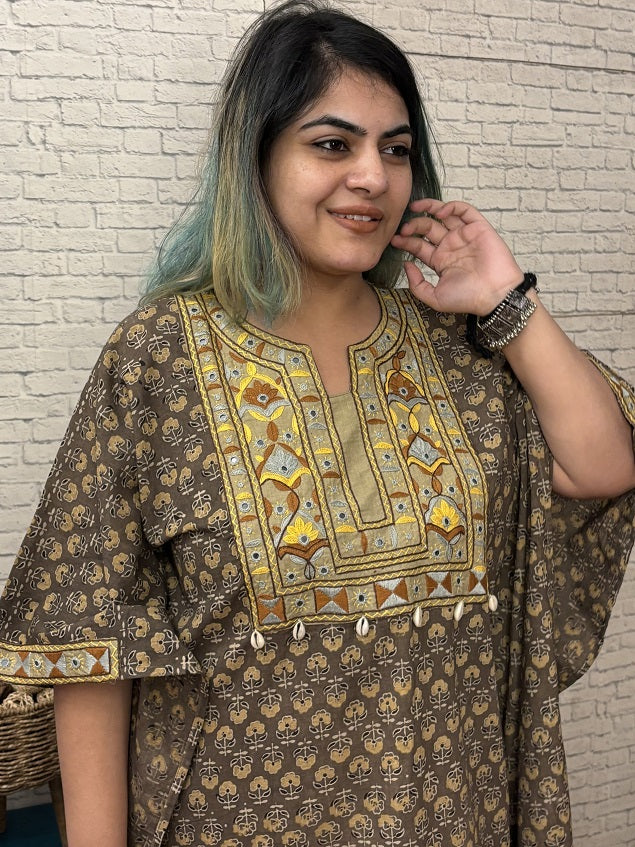 Kashish Yellow Ajrakh Hand Embroidered Patch Kaftan
