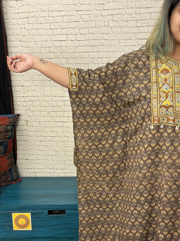 Kashish Yellow Ajrakh Hand Embroidered Patch Kaftan