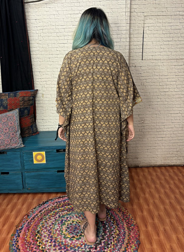 Kashish Yellow Ajrakh Hand Embroidered Patch Kaftan