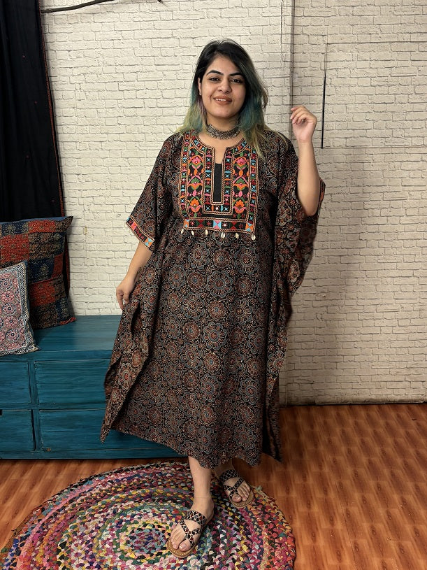 Black Ajrakh Hand Embroidered Patch Kaftan
