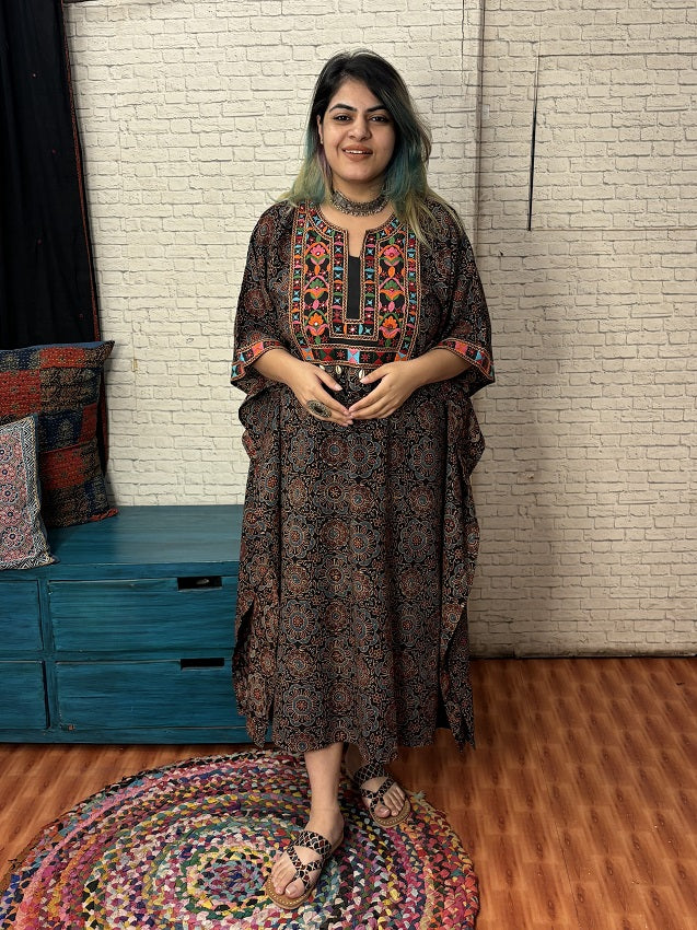 Black Ajrakh Hand Embroidered Patch Kaftan
