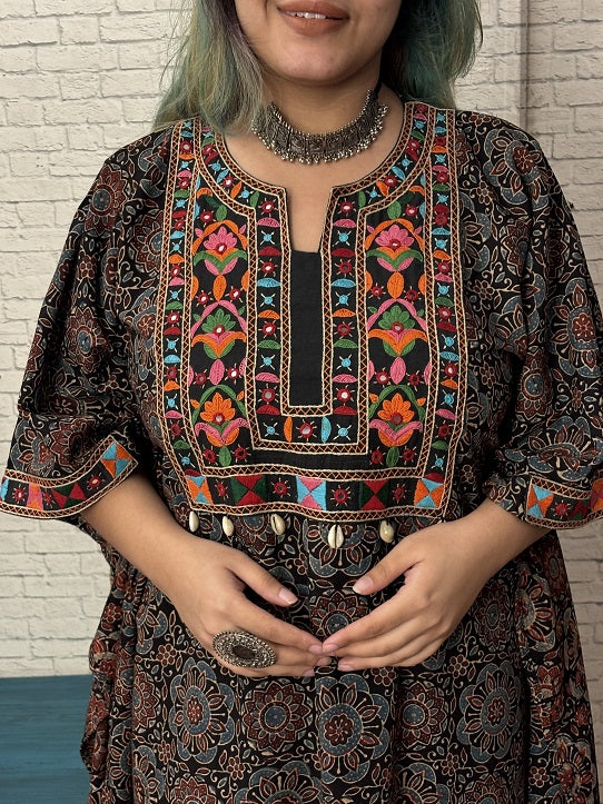 Black Ajrakh Hand Embroidered Patch Kaftan