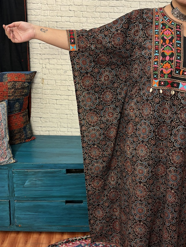 Black Ajrakh Hand Embroidered Patch Kaftan