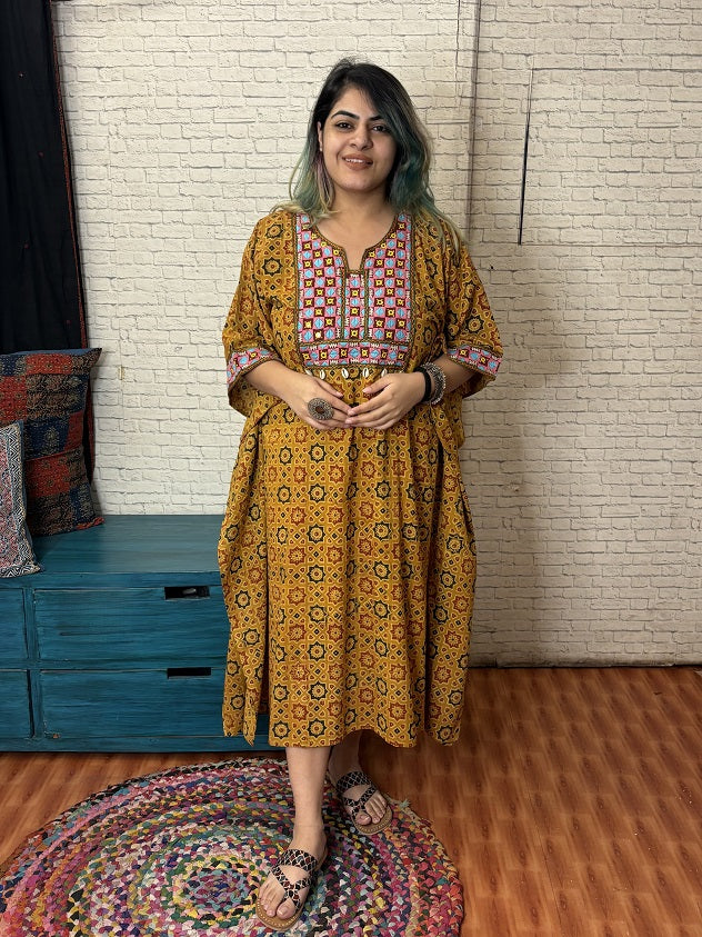 Yellow Ajrakh Hand Embroidered Patch Kaftan