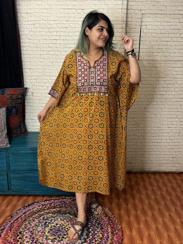Yellow Ajrakh Hand Embroidered Patch Kaftan