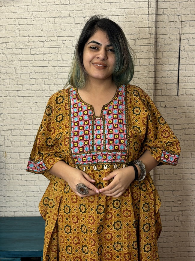 Yellow Ajrakh Hand Embroidered Patch Kaftan