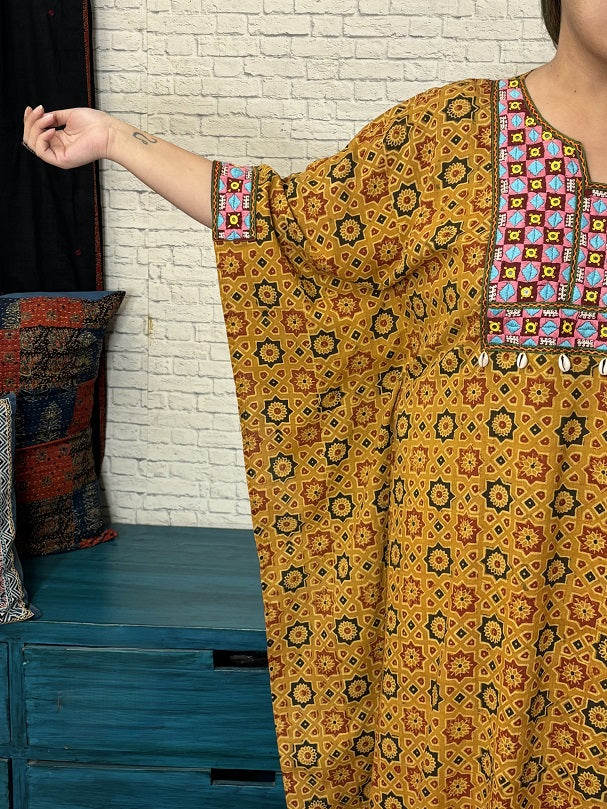 Yellow Ajrakh Hand Embroidered Patch Kaftan