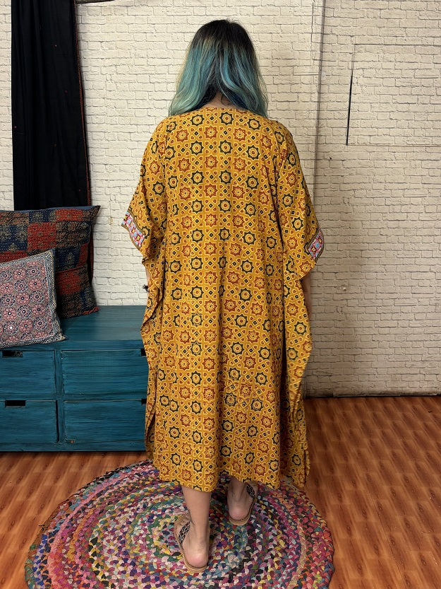 Yellow Ajrakh Hand Embroidered Patch Kaftan