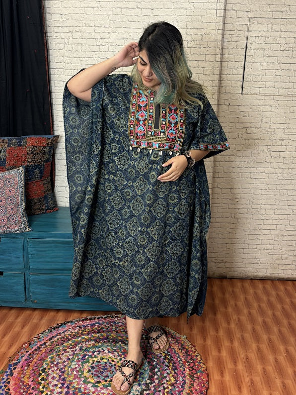 Indigo Green Ajrakh Hand Embroidered Patch Kaftan