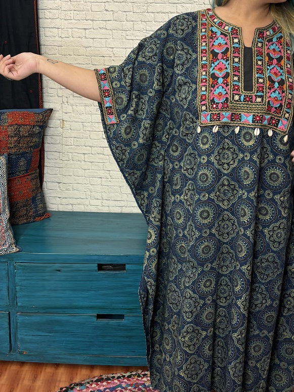 Indigo Green Ajrakh Hand Embroidered Patch Kaftan