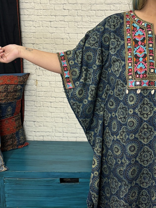 Indigo Green Ajrakh Hand Embroidered Patch Kaftan