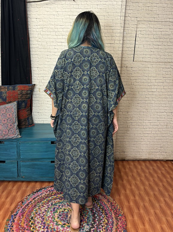Indigo Green Ajrakh Hand Embroidered Patch Kaftan