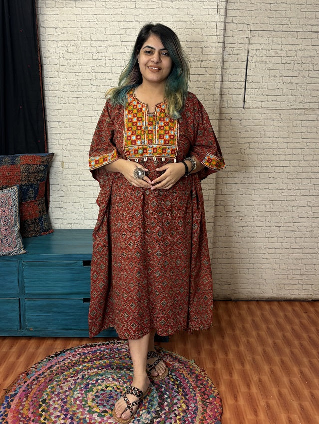 Red Ajrakh Hand Embroidered Patch Kaftan