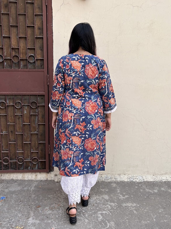Blue Red Hand Block Printed A Line Kurta with Lace Detailing