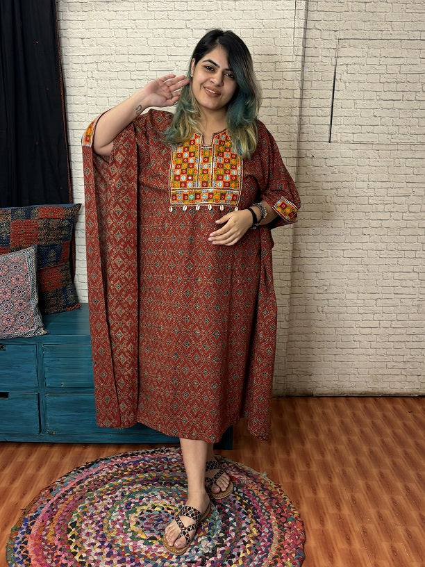 Red Ajrakh Hand Embroidered Patch Kaftan