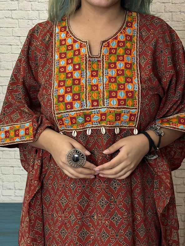 Red Ajrakh Hand Embroidered Patch Kaftan