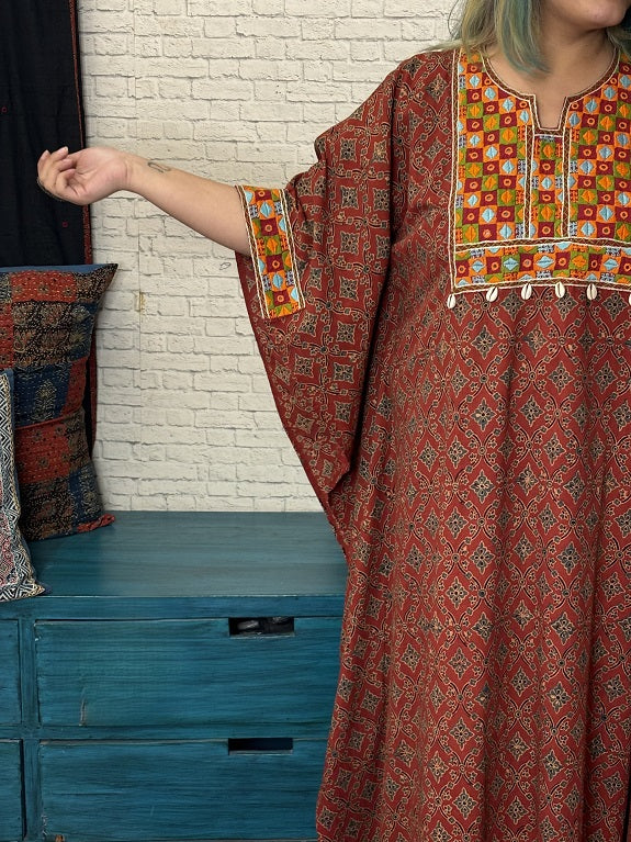 Red Ajrakh Hand Embroidered Patch Kaftan
