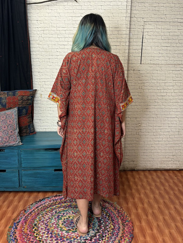 Red Ajrakh Hand Embroidered Patch Kaftan