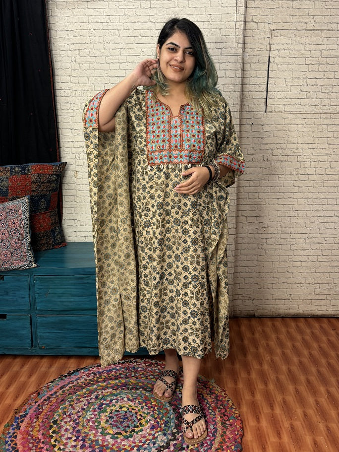 White Ajrakh Hand Embroidered Patch Kaftan