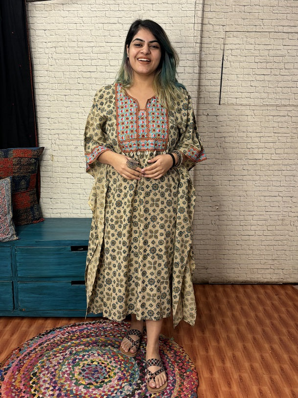 White Ajrakh Hand Embroidered Patch Kaftan