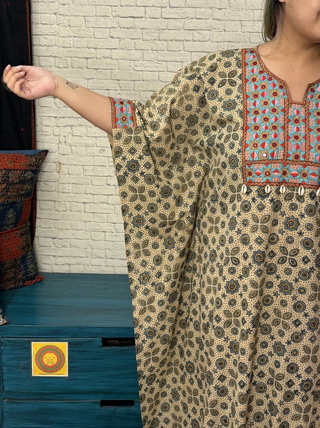 White Ajrakh Hand Embroidered Patch Kaftan