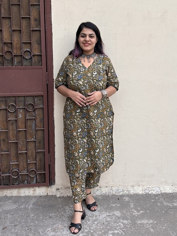 Green Kalamkari Hand Block Printed Kurta Coord Set