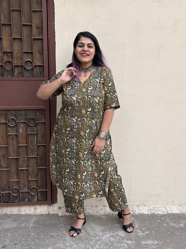 Green Kalamkari Hand Block Printed Kurta Coord Set