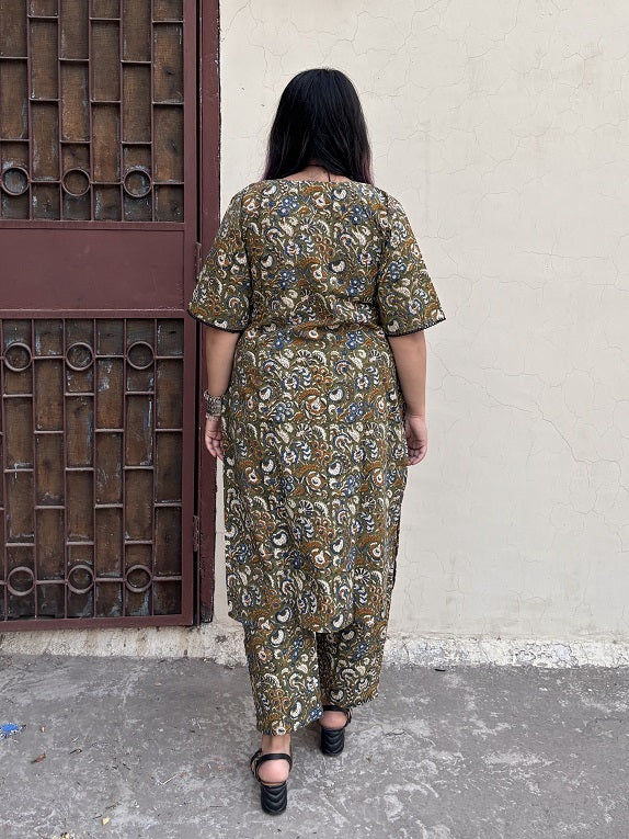 Green Kalamkari Hand Block Printed Kurta Coord Set