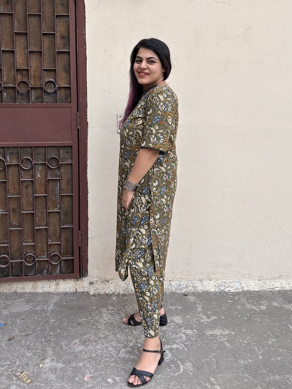 Green Kalamkari Hand Block Printed Kurta Coord Set