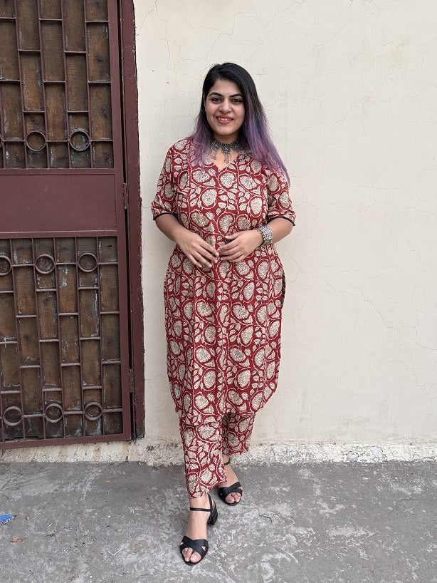Red Bagru Hand Block Printed Kurta Coord Set