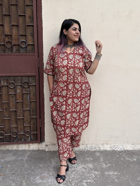 Red Bagru Hand Block Printed Kurta Coord Set