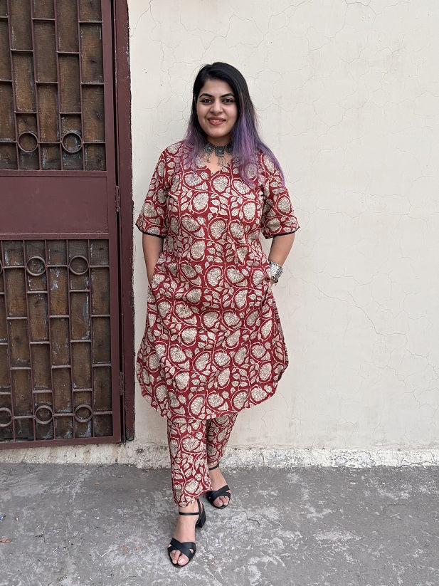 Red Bagru Hand Block Printed Kurta Coord Set