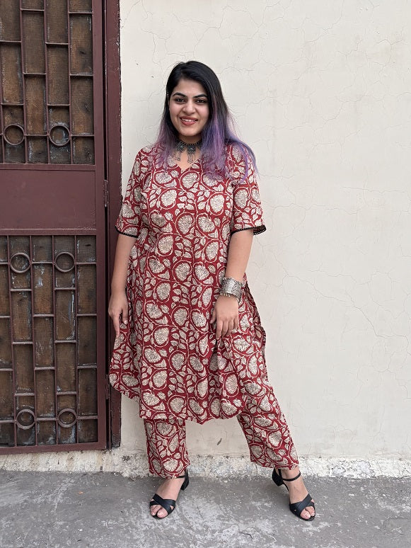 Red Bagru Hand Block Printed Kurta Coord Set
