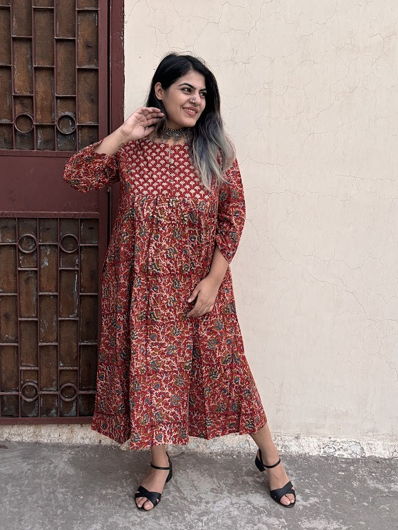 Charvi Hand Block Printed Midi Dress with Gathers