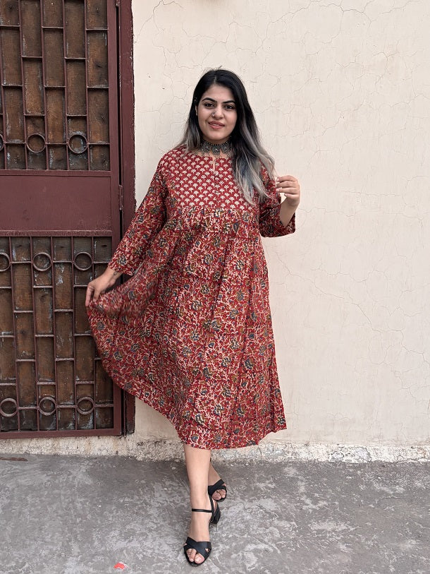 Charvi Hand Block Printed Midi Dress with Gathers