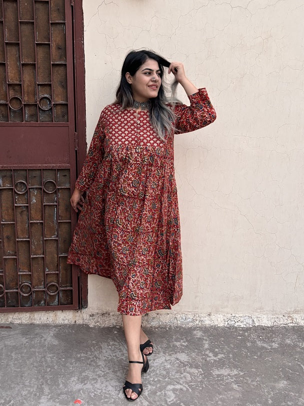 Charvi Hand Block Printed Midi Dress with Gathers