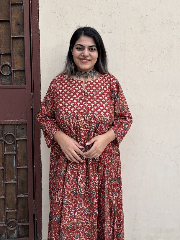 Charvi Hand Block Printed Midi Dress with Gathers