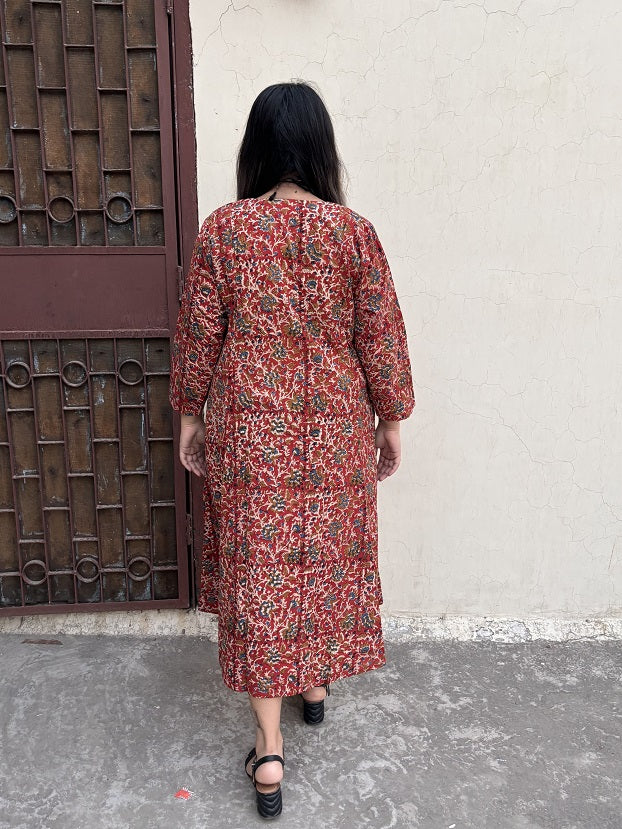 Charvi Hand Block Printed Midi Dress with Gathers