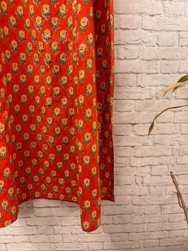 Orange Yellow Hand Block Printed Strap Kurta