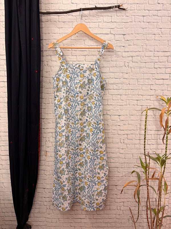 White Floral Hand Block Printed Strap Kurta