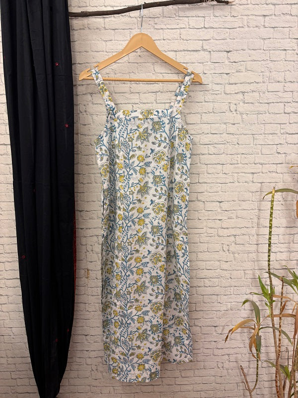 White Floral Hand Block Printed Strap Kurta